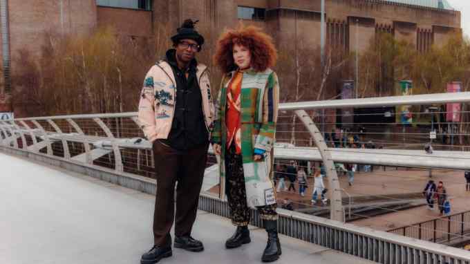 Foday Dumbuya and Zezi Ifore outside Tate Modern in London, where they first met. Both wear Labrum