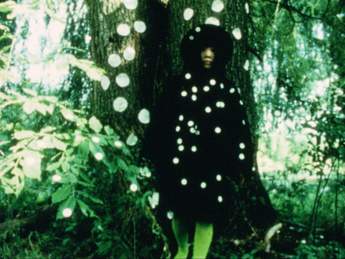 A young woman wearing a dark fur covered in white dots and grey tights blends in with the trees around her.