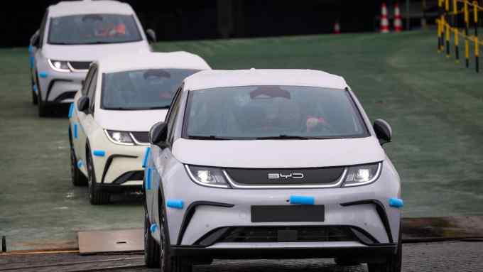 Electric vehicles of Chinese car manufacturer BYD leave the car carrier ship BYD Explorer No. 1 at the port of Bremerhaven, Germany