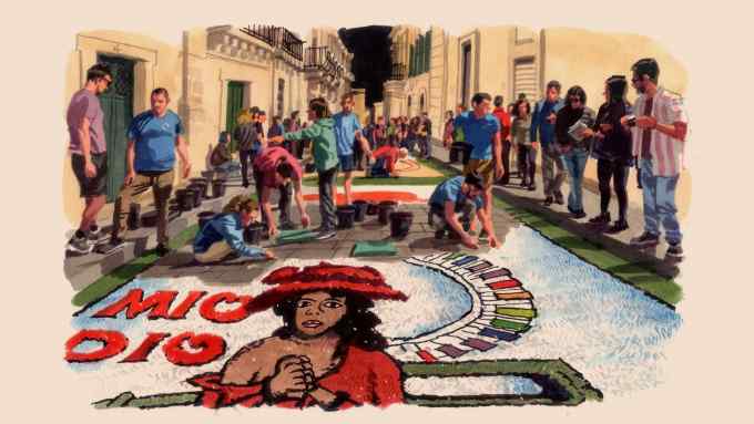 A watercolour illustration of young people in T-shirts crouched down to create pavement art in a historic Italian street