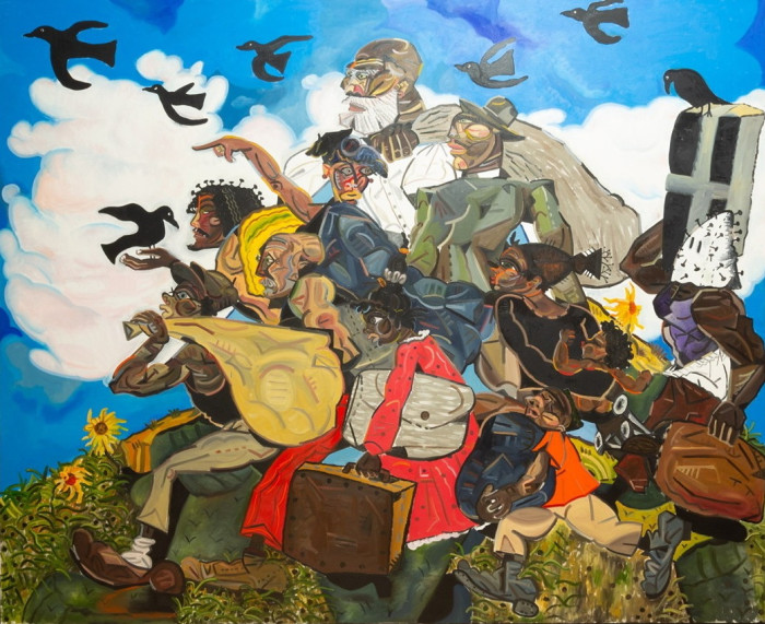 In a painting, a group of people carrying several pieces of luggage are shown walking on a flowery hill as birds fly over their heads.